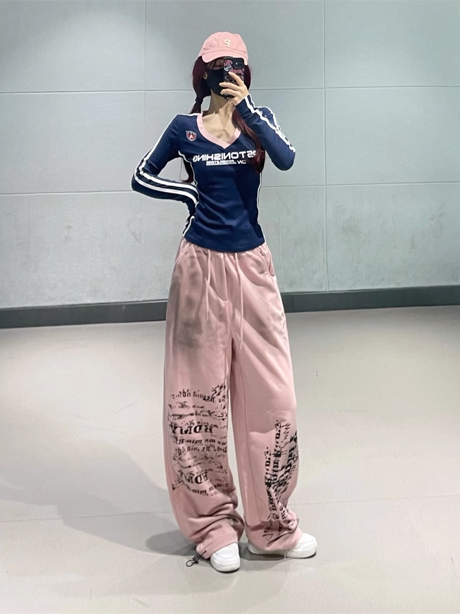 Navy Blue Spliced Long Sleeve Top with Pink Tie-Dye Printed Sports Pants - Hip-Hop Dance Style Long Pants for Trendy Outfits Navy Blue Spliced Long Sleeve Top with Pink Tie-Dye Printed Sports Pants - Hip-Hop Dance Style Long Pants for Trendy Outfits