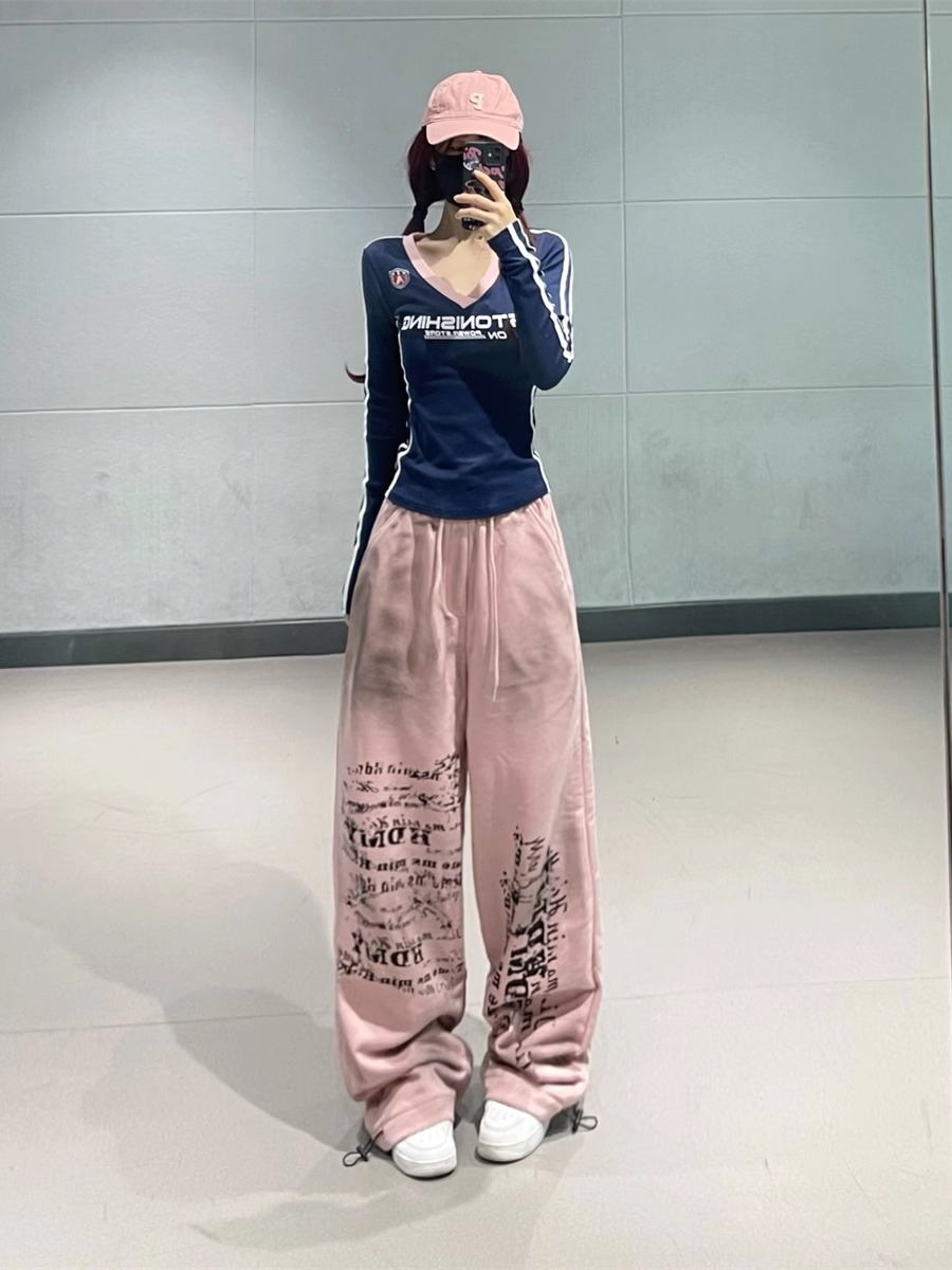 Navy Blue Spliced Long Sleeve Top with Pink Tie-Dye Printed Sports Pants - Hip-Hop Dance Style Long Pants for Trendy Outfits Navy Blue Spliced Long Sleeve Top with Pink Tie-Dye Printed Sports Pants - Hip-Hop Dance Style Long Pants for Trendy Outfits