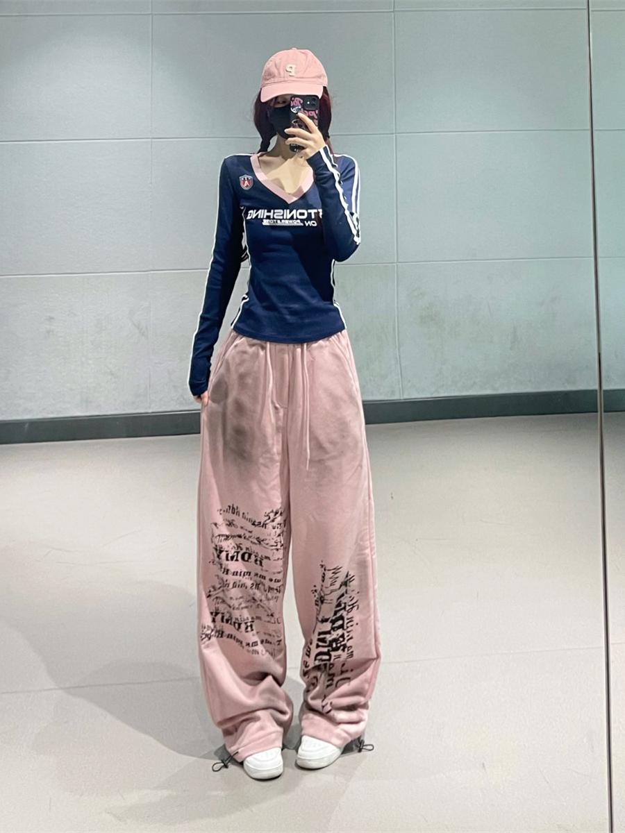Navy Blue Spliced Long Sleeve Top with Pink Tie-Dye Printed Sports Pants - Hip-Hop Dance Style Long Pants for Trendy Outfits