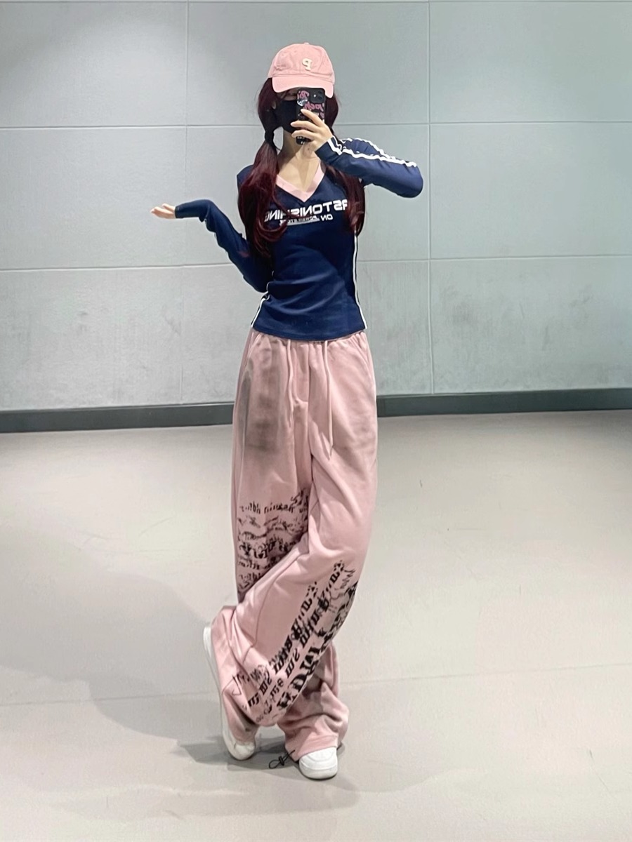 Navy Blue Spliced Long Sleeve Top with Pink Tie-Dye Printed Sports Pants - Hip-Hop Dance Style Long Pants for Trendy Outfits Navy Blue Spliced Long Sleeve Top with Pink Tie-Dye Printed Sports Pants - Hip-Hop Dance Style Long Pants for Trendy Outfits