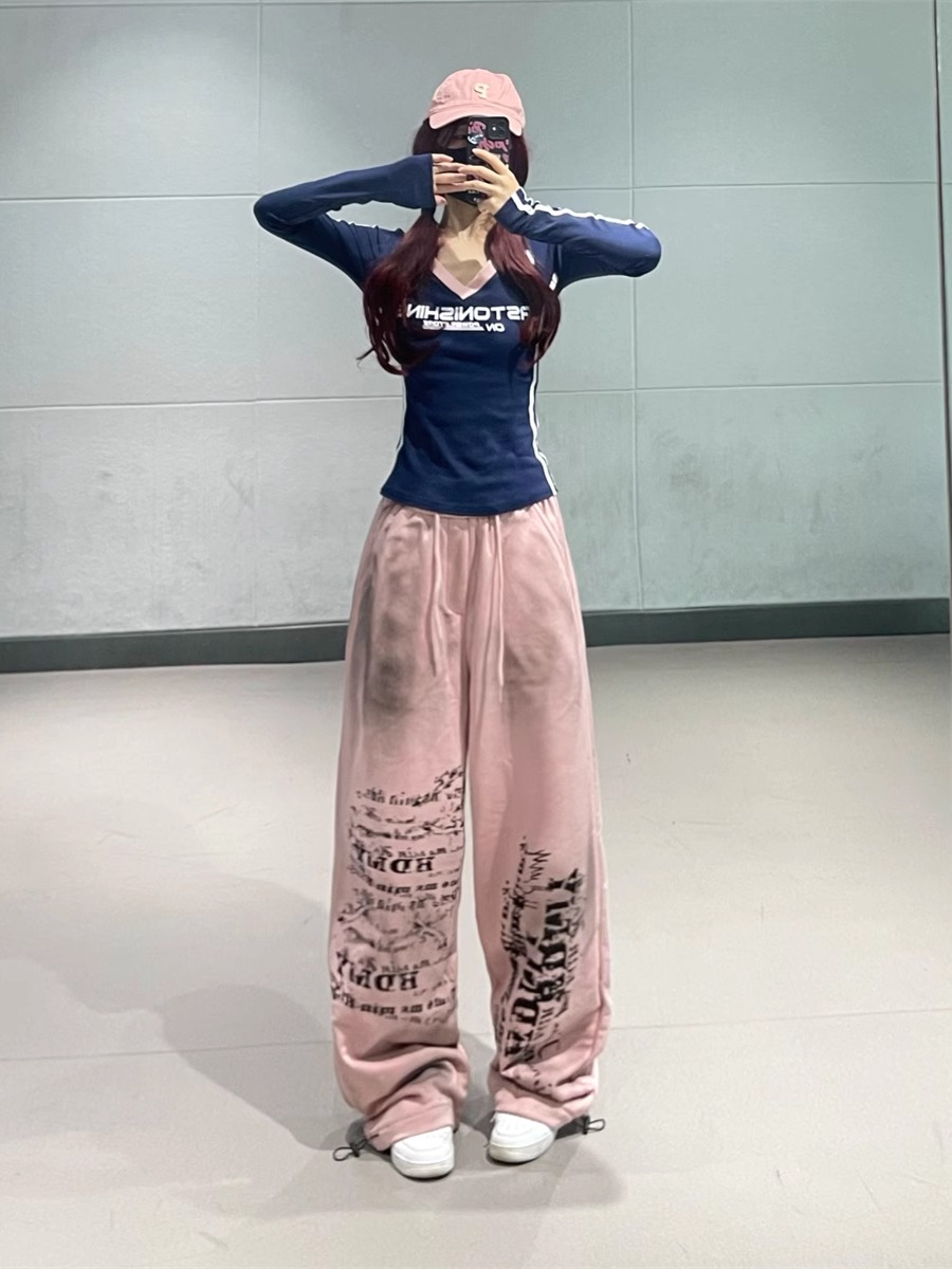 Navy Blue Spliced Long Sleeve Top with Pink Tie-Dye Printed Sports Pants - Hip-Hop Dance Style Long Pants for Trendy Outfits Navy Blue Spliced Long Sleeve Top with Pink Tie-Dye Printed Sports Pants - Hip-Hop Dance Style Long Pants for Trendy Outfits