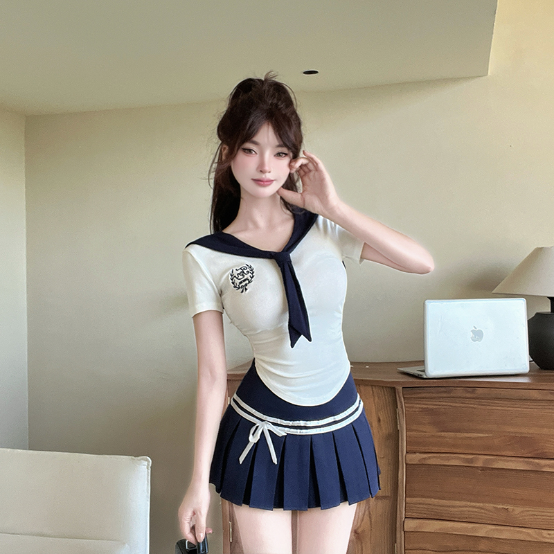 Navy Collar Short-Sleeve JK Uniform T-Shirt with Blue Skirt - Spicy Girl Pure Desire Style Spa Foot Bath Technician Outfit Navy Collar Short-Sleeve JK Uniform T-Shirt with Blue Skirt - Spicy Girl Pure Desire Style Spa Foot Bath Technician Outfit