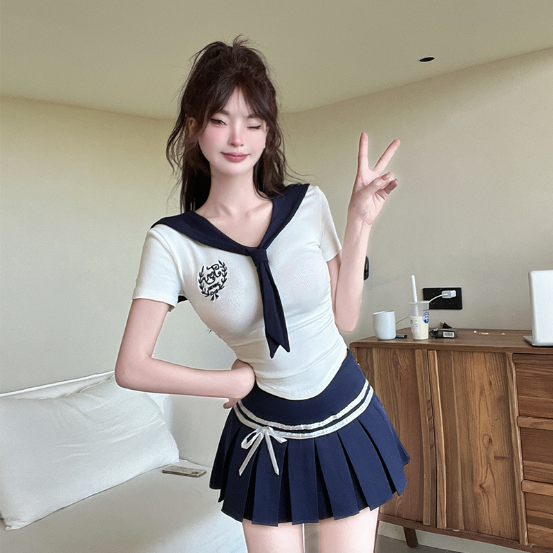 Navy Collar Short-Sleeve JK Uniform T-Shirt with Blue Skirt - Spicy Girl Pure Desire Style Spa Foot Bath Technician Outfit Navy Collar Short-Sleeve JK Uniform T-Shirt with Blue Skirt - Spicy Girl Pure Desire Style Spa Foot Bath Technician Outfit