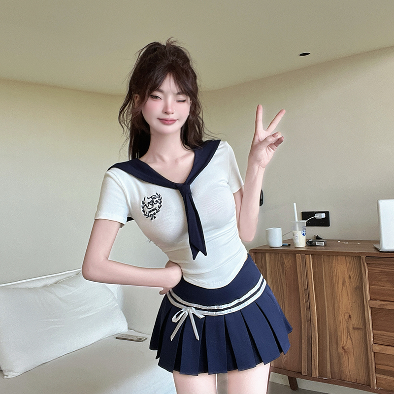 Navy Collar Short-Sleeve JK Uniform T-Shirt with Blue Skirt - Spicy Girl Pure Desire Style Spa Foot Bath Technician Outfit