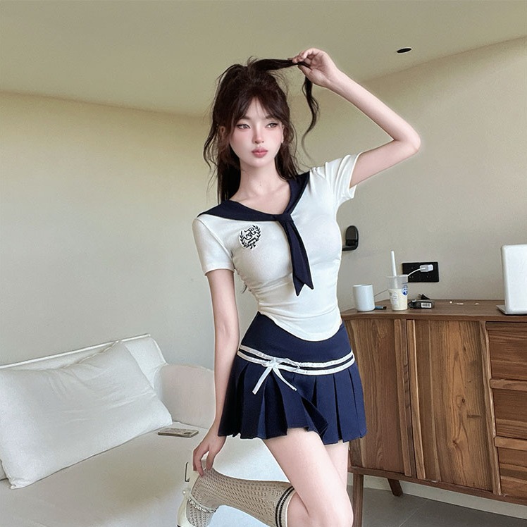 Navy Collar Short-Sleeve JK Uniform T-Shirt with Blue Skirt - Spicy Girl Pure Desire Style Spa Foot Bath Technician Outfit Navy Collar Short-Sleeve JK Uniform T-Shirt with Blue Skirt - Spicy Girl Pure Desire Style Spa Foot Bath Technician Outfit