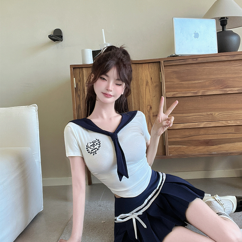 Navy Collar Short-Sleeve JK Uniform T-Shirt with Blue Skirt - Spicy Girl Pure Desire Style Spa Foot Bath Technician Outfit Navy Collar Short-Sleeve JK Uniform T-Shirt with Blue Skirt - Spicy Girl Pure Desire Style Spa Foot Bath Technician Outfit