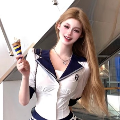 Navy Collar Waist-Cinching Shirt & Pleated Short Skirt Set - Spicy Girl Academy Style Women's JK Uniform for Beauty Salon & Foot Massage