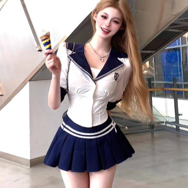 Navy Collar Waist-Cinching Shirt & Pleated Short Skirt Set - Spicy Girl Academy Style Women's JK Uniform for Beauty Salon & Foot Massage