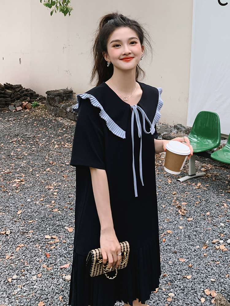 Navy College Style Chiffon Dress for Women, Loose & Slimming Casual Doll Dress, Summer 2025 Fashion