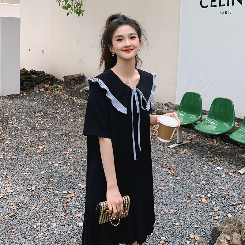 Navy College Style Chiffon Dress for Women, Loose & Slimming Casual Doll Dress, Summer 2025 Fashion