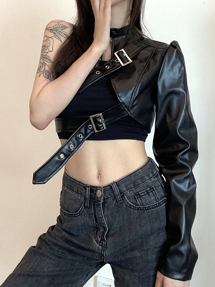 Niche Black Jazz Dance Top with American Motorcycle Leather Jacket - K-Pop Inspired Performance Outfit for Stylish Dance Looks Niche Black Jazz Dance Top with American Motorcycle Leather Jacket - K-Pop Inspired Performance Outfit for Stylish Dance Looks