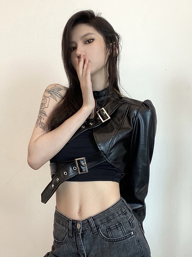 Niche Black Jazz Dance Top with American Motorcycle Leather Jacket - K-Pop Inspired Performance Outfit for Stylish Dance Looks Niche Black Jazz Dance Top with American Motorcycle Leather Jacket - K-Pop Inspired Performance Outfit for Stylish Dance Looks