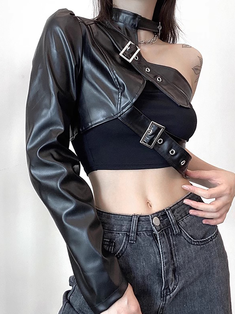 Niche Black Jazz Dance Top with American Motorcycle Leather Jacket - K-Pop Inspired Performance Outfit for Stylish Dance Looks