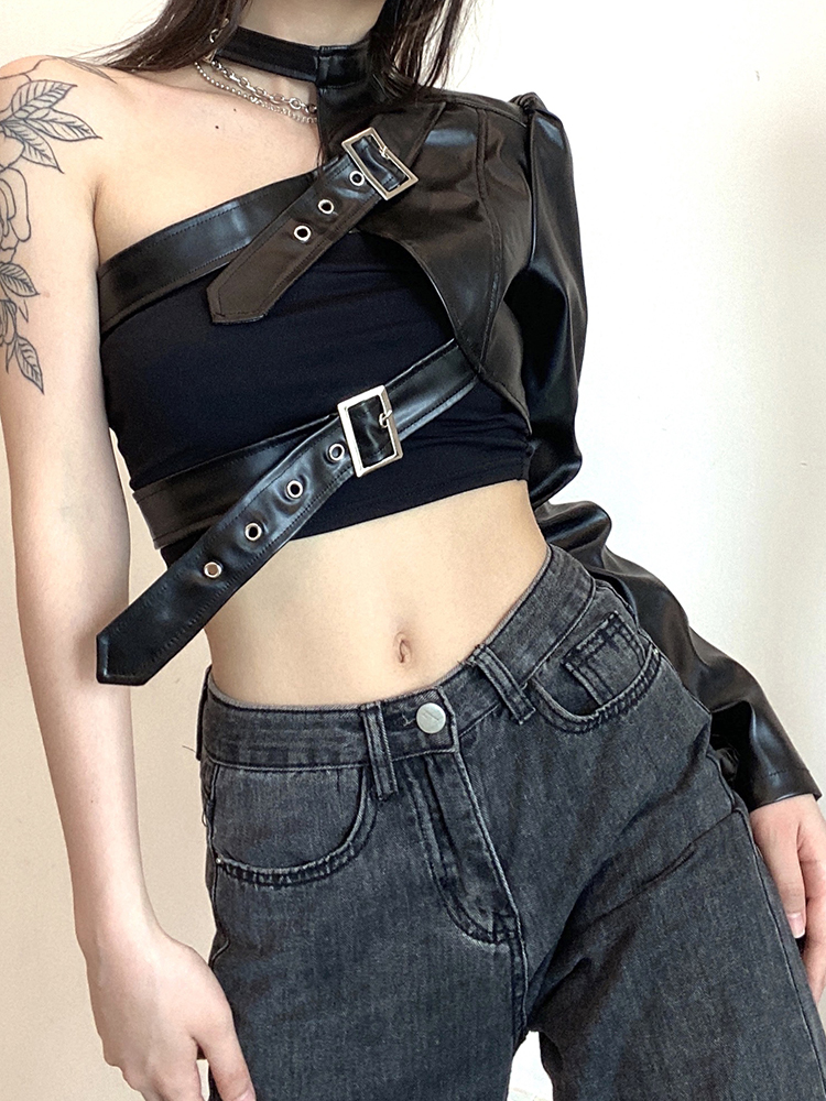 Niche Black Jazz Dance Top with American Motorcycle Leather Jacket - K-Pop Inspired Performance Outfit for Stylish Dance Looks Niche Black Jazz Dance Top with American Motorcycle Leather Jacket - K-Pop Inspired Performance Outfit for Stylish Dance Looks