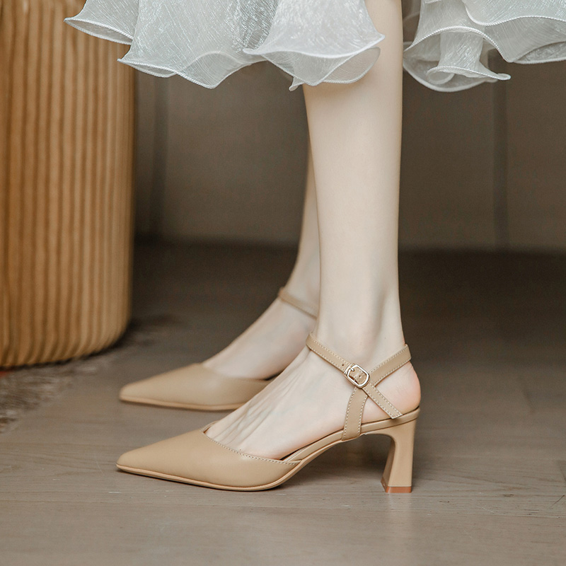 Nude High-Heeled Sandals for Women, Chunky Heel Backless One-Strap Design, Retro Minimalist Closed-Toe Summer 2025 Fashion Footwear