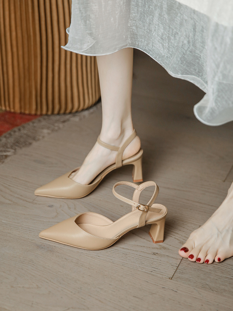 Nude High-Heeled Sandals for Women, Chunky Heel Backless One-Strap Design, Retro Minimalist Closed-Toe Summer 2025 Fashion Footwear Nude High-Heeled Sandals for Women, Chunky Heel Backless One-Strap Design, Retro Minimalist Closed-Toe Summer 2025 Fashion Footwear