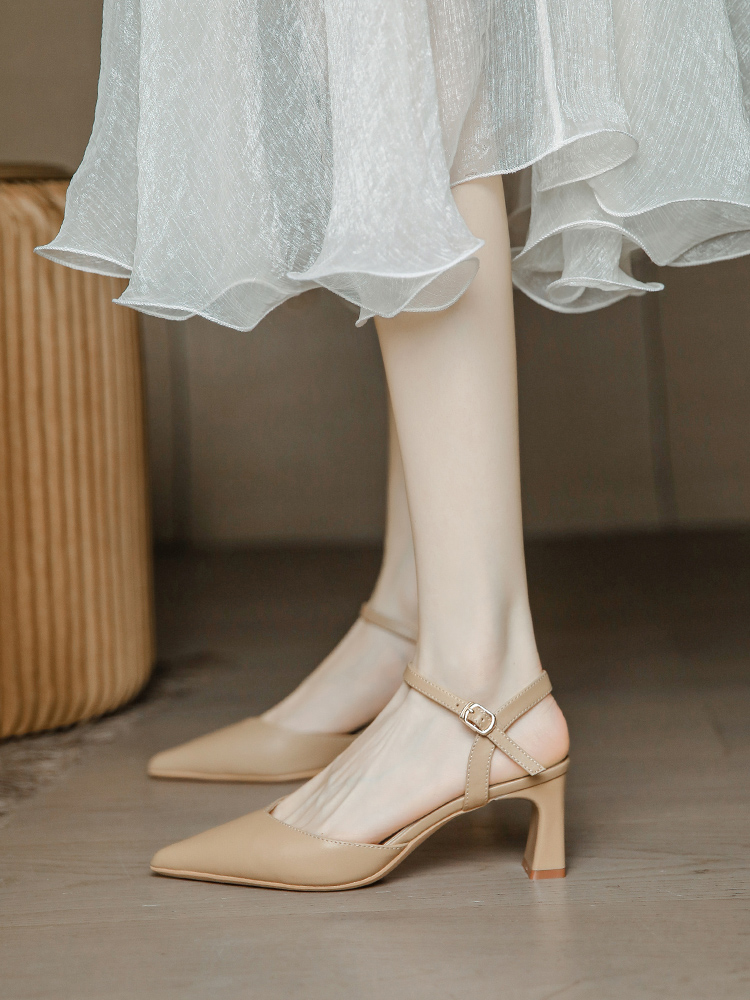 Nude High-Heeled Sandals for Women, Chunky Heel Backless One-Strap Design, Retro Minimalist Closed-Toe Summer 2025 Fashion Footwear