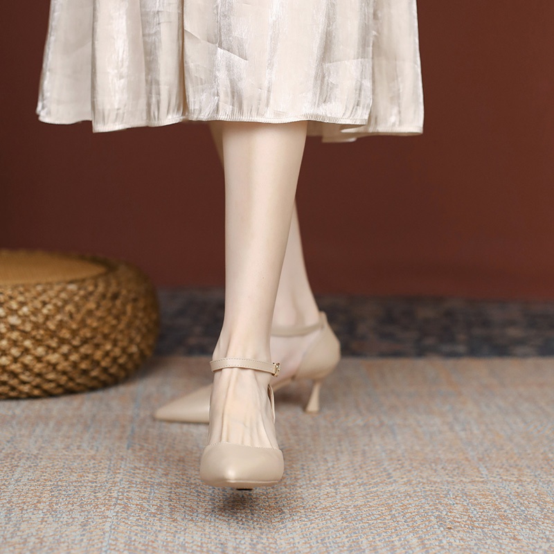 Nude High Heels for Women - 2025 Spring Summer French Style Small Heel Hollow Closed-Toe Sandals in Soft Leather, Perfect for Skirts