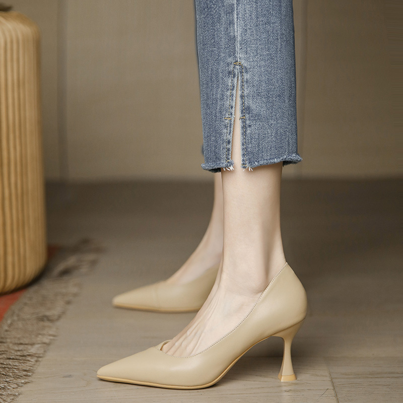 Nude High Heels for Women - French-Style Sheepskin Stiletto Shoes, 7CM Autumn 2025 Fashion Footwear