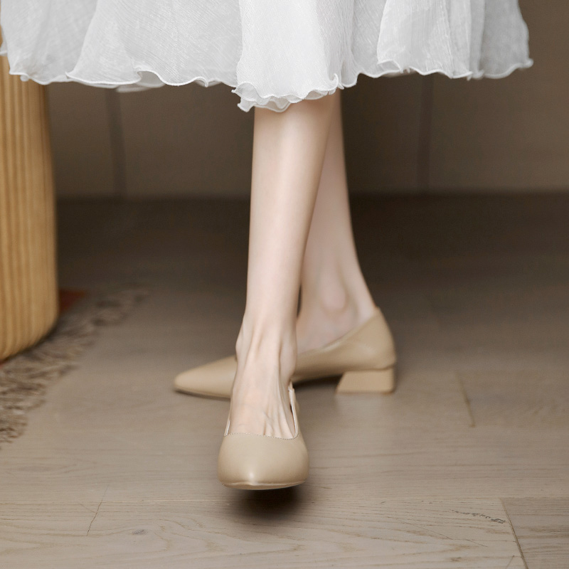 Nude Low-Heeled Women's Shoes - Spring 2025 Versatile Chunky Heel, Soft Leather, Comfortable Professional Work Shoes