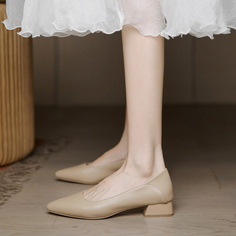 Nude Low-Heeled Women's Shoes - Spring 2025 Versatile Chunky Heel, Soft Leather, Comfortable Professional Work Shoes