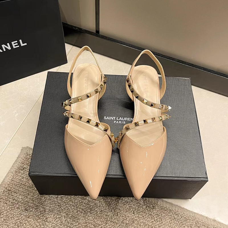 Nude Open-Toe Chunky Heel Sandals for Women - Fairy Style, Pointed Toe, Studded, Low-Heeled, Spring/Summer 2025 Fashion