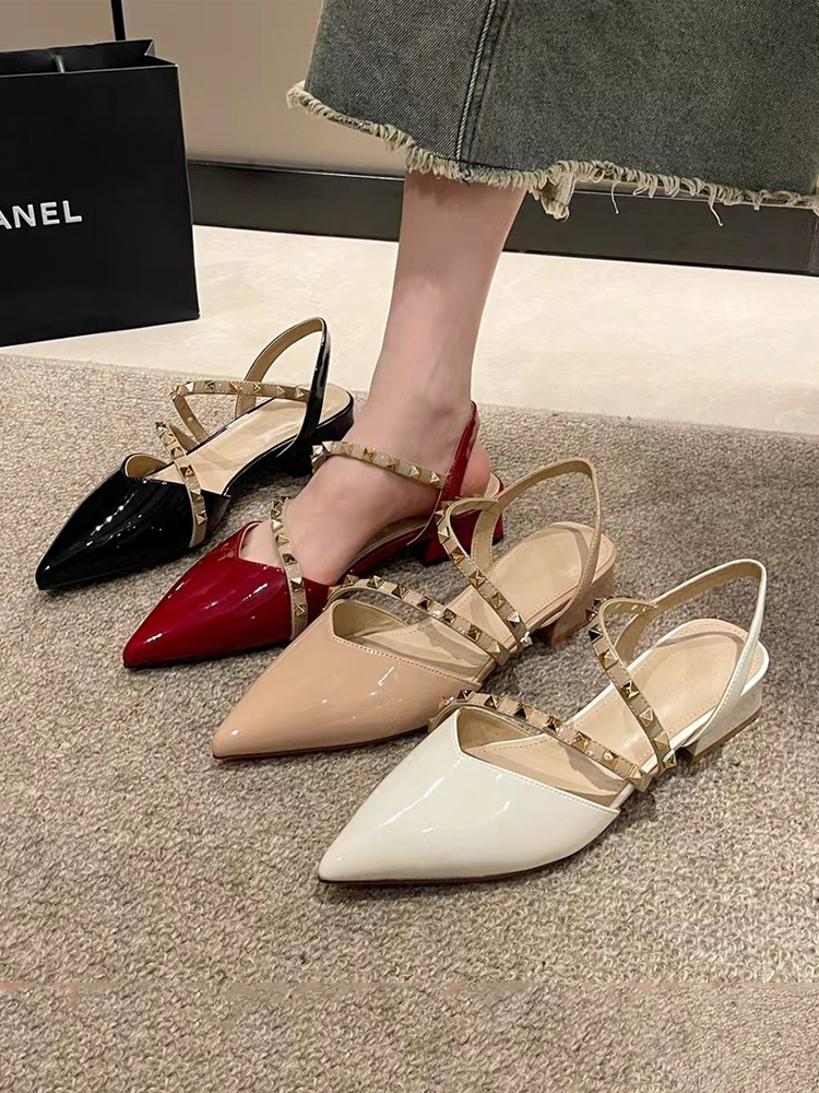 Nude Open-Toe Chunky Heel Sandals for Women - Fairy Style, Pointed Toe, Studded, Low-Heeled, Spring/Summer 2025 Fashion