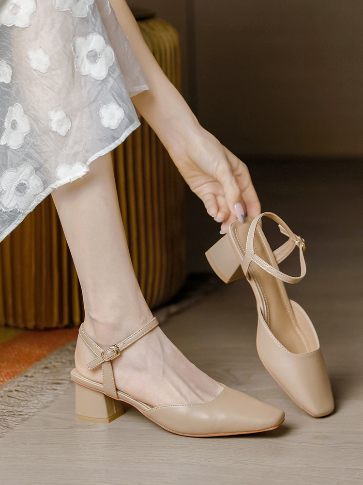 Nude Open-Toe Chunky Heels for Women - 2025 Summer Retro Backless Square-Toe Mid-Heel Sandals, Versatile Fashion Footwear