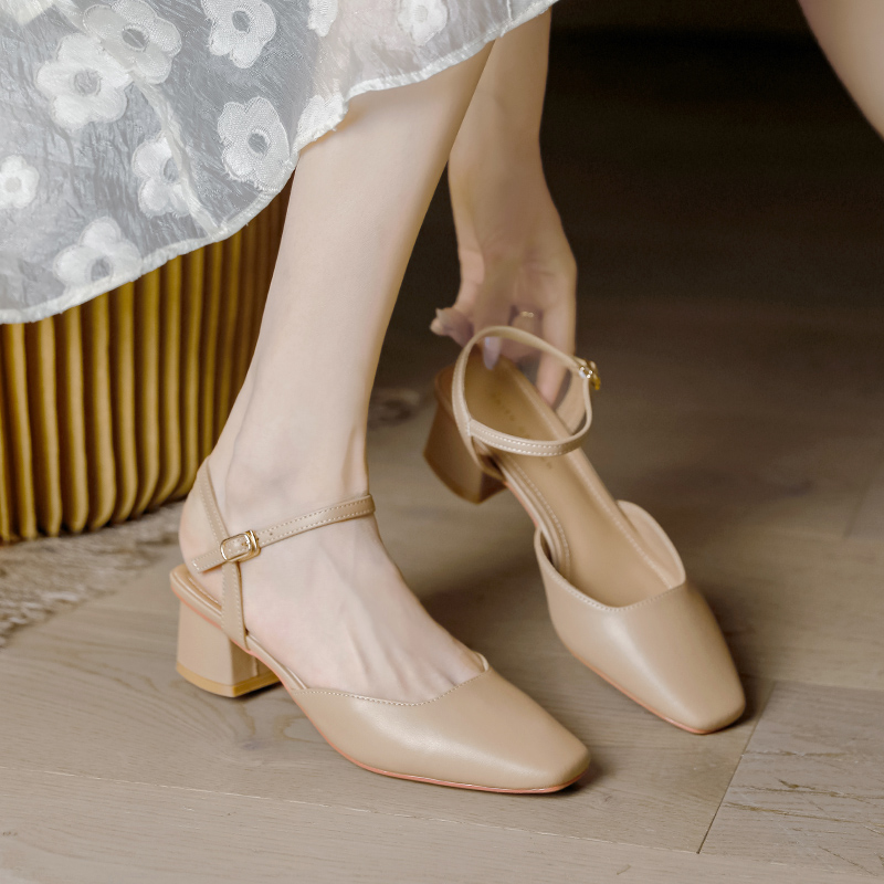 Nude Open-Toe Chunky Heels for Women - 2025 Summer Retro Backless Square-Toe Mid-Heel Sandals, Versatile Fashion Footwear