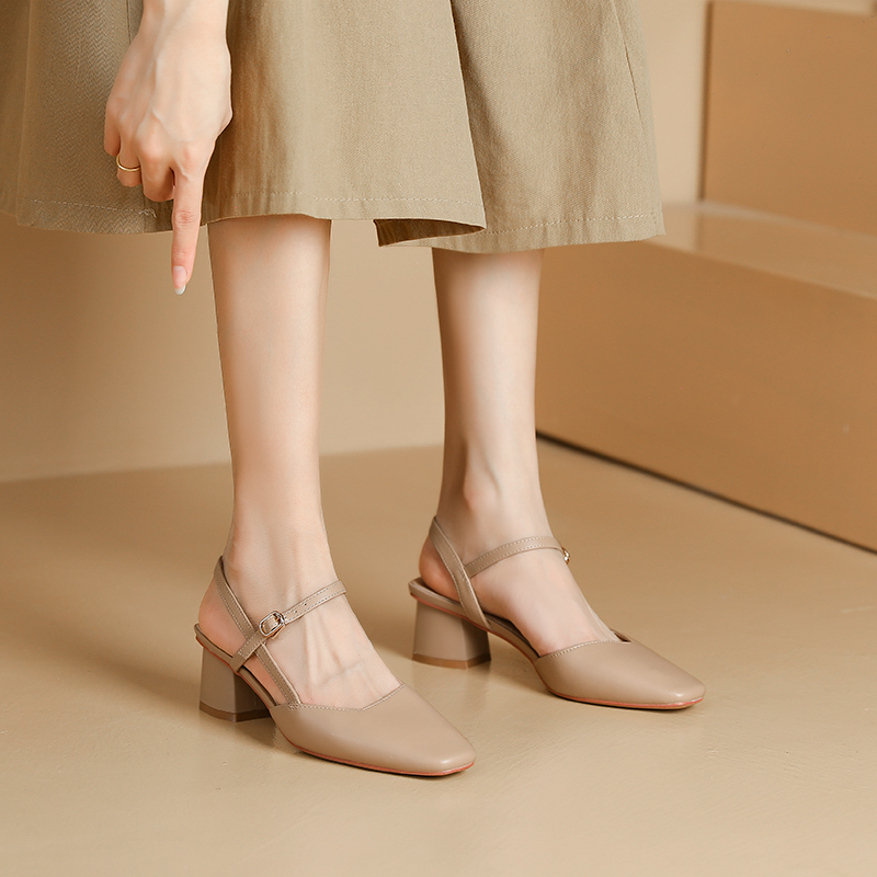 Nude Open-Toe Chunky Heels for Women - 2025 Summer Soft Leather French Square-Toe Backless Mid-Heel Sandals