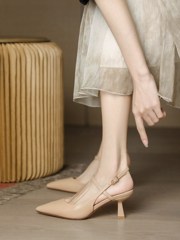 Nude Open-Toe Sandals for Women - Vintage Backless High Heels in Soft Sheepskin Leather - Spring/Summer 2025 Fashion Footwear