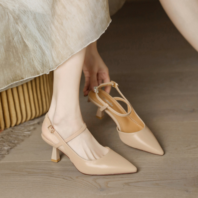 Nude Open-Toe Sandals for Women - Vintage Backless High Heels in Soft Sheepskin Leather - Spring/Summer 2025 Fashion Footwear