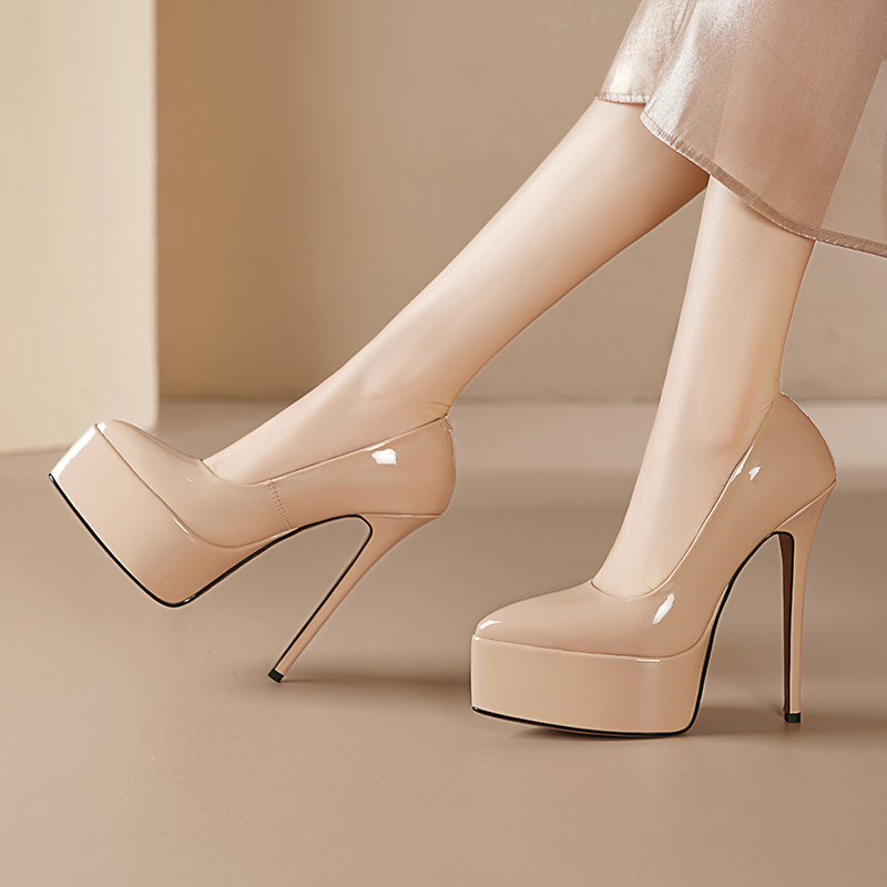 Nude Patent Leather High Heels - Sexy Thin Heels, Pointed Toe, Single Strap Waterproof Platform - Versatile Fashion Footwear