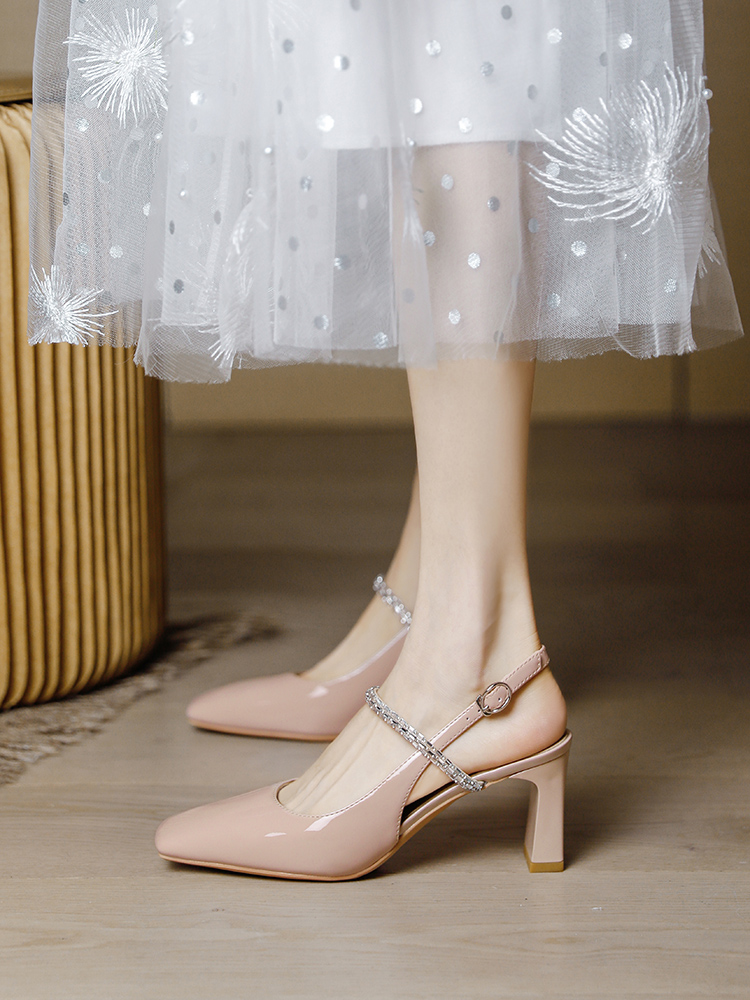 Nude Pink Chunky Heeled Sandals for Women - Rhinestone One-Strap, Open Back, Fairy Style, 2025 Summer Fashion