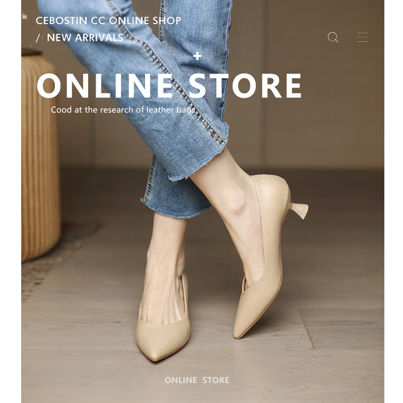 Nude Women's Low Heel 3cm Soft Leather Pointed Toe Flats - French Style Work Shoes for 2025