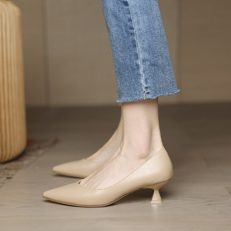 Nude Women's Low Heel 3cm Soft Leather Pointed Toe Flats - French Style Work Shoes for 2025