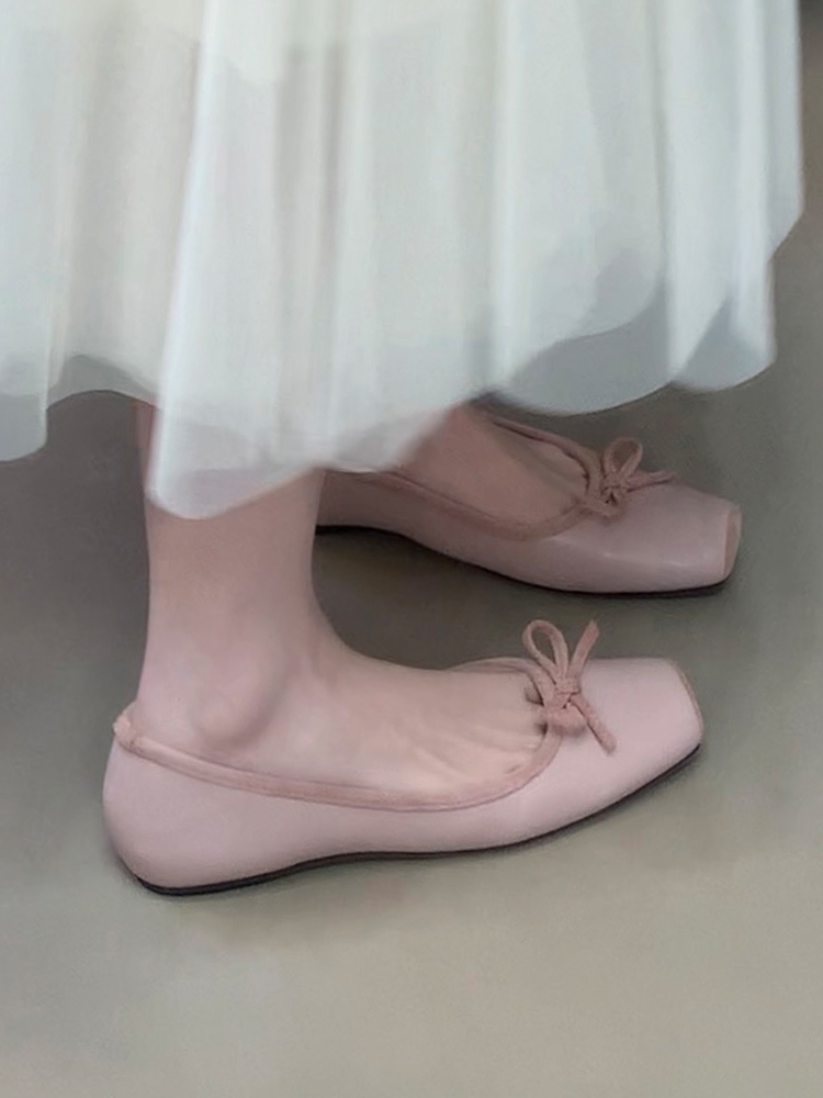 Ocean One Square-Toe Ballet Flats with Bow, Shallow Mouth, Hidden Height Increase - Stylish Mary Jane Shoes for Skirts and Dresses