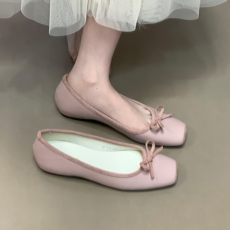 Ocean One Square-Toe Ballet Flats with Bow, Shallow Mouth, Hidden Height Increase - Stylish Mary Jane Shoes for Skirts and Dresses
