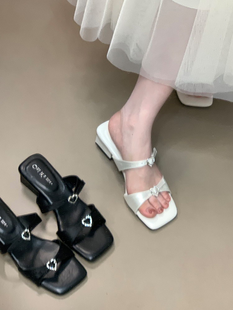 Ocean One Square Toe Chunky Heel Sandals with Heart-Shaped Rhinestones, Fairy Style Cool Slippers for Versatile Summer Outfits Ocean One Square Toe Chunky Heel Sandals with Heart-Shaped Rhinestones, Fairy Style Cool Slippers for Versatile Summer Outfits