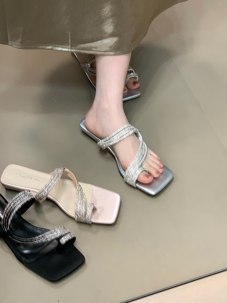 Ocean One Water Diamond Thin Strap Sandals for Women - French High-End Low-Heeled Slide Sandals Perfect for Skirts and Dresses