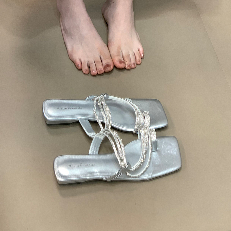 Ocean One Water Diamond Thin Strap Sandals for Women - French High-End Low-Heeled Slide Sandals Perfect for Skirts and Dresses