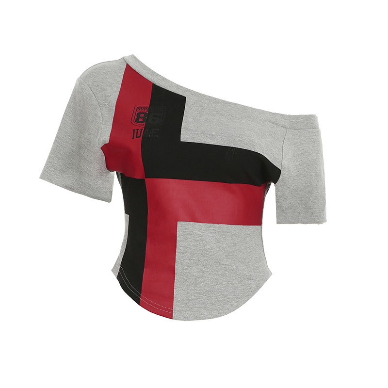 Off-Shoulder Color-Blocked Cross Print T-Shirt - Retro 90s Loose Fit Slim Sexy Short Top for Versatile Styling