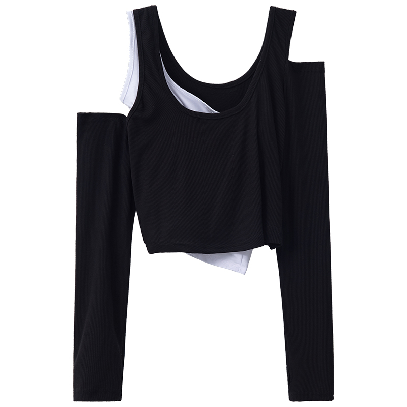 Off-Shoulder Faux Two-Piece T-Shirt for Spicy Girls, Layered Design for Jazz Dance Groups, Trendy INS Style Off-Shoulder Faux Two-Piece T-Shirt for Spicy Girls, Layered Design for Jazz Dance Groups, Trendy INS Style