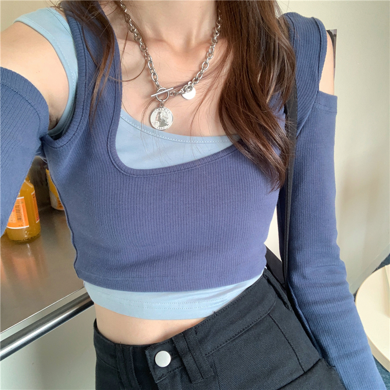 Off-Shoulder Faux Two-Piece T-Shirt for Spicy Girls, Layered Design for Jazz Dance Groups, Trendy INS Style Off-Shoulder Faux Two-Piece T-Shirt for Spicy Girls, Layered Design for Jazz Dance Groups, Trendy INS Style