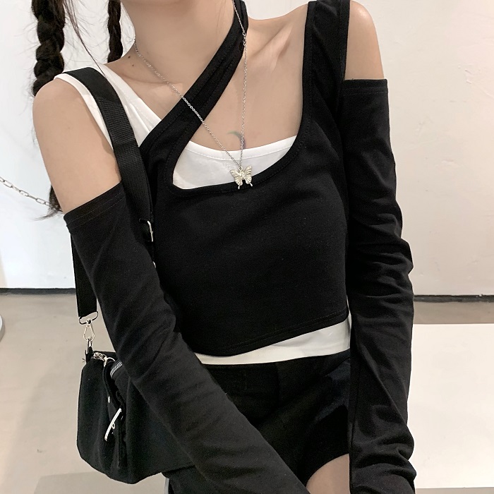 Off-Shoulder Faux Two-Piece T-Shirt for Spicy Girls, Layered Design for Jazz Dance Groups, Trendy INS Style