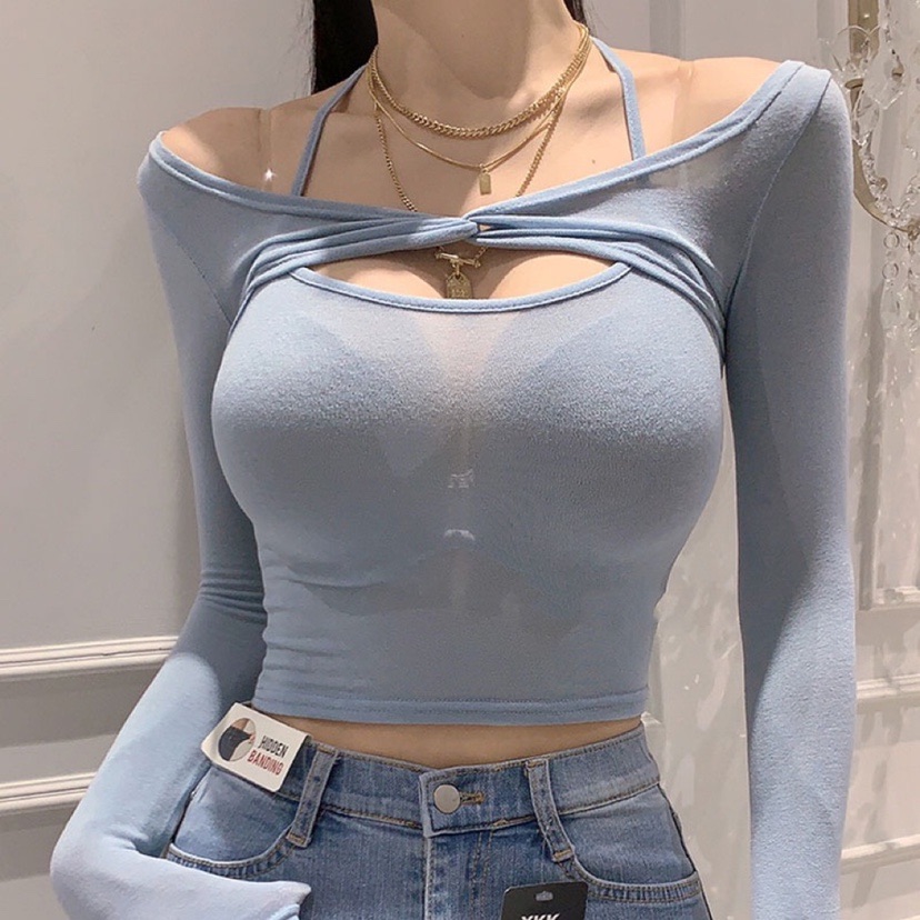 Off-Shoulder Halter Top Women's Long Sleeve Cover-Up - Korean Summer Soft Skin-Friendly Figure-Enhancing Style Off-Shoulder Halter Top Women's Long Sleeve Cover-Up - Korean Summer Soft Skin-Friendly Figure-Enhancing Style