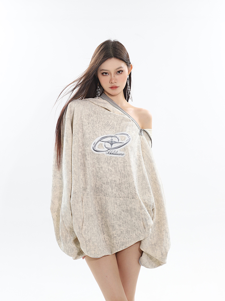 Off-Shoulder Hoodie Sweatshirt with Thin Metal Zipper - Early Autumn Fashion Essentials, Trendy Street Style, Casual Chic