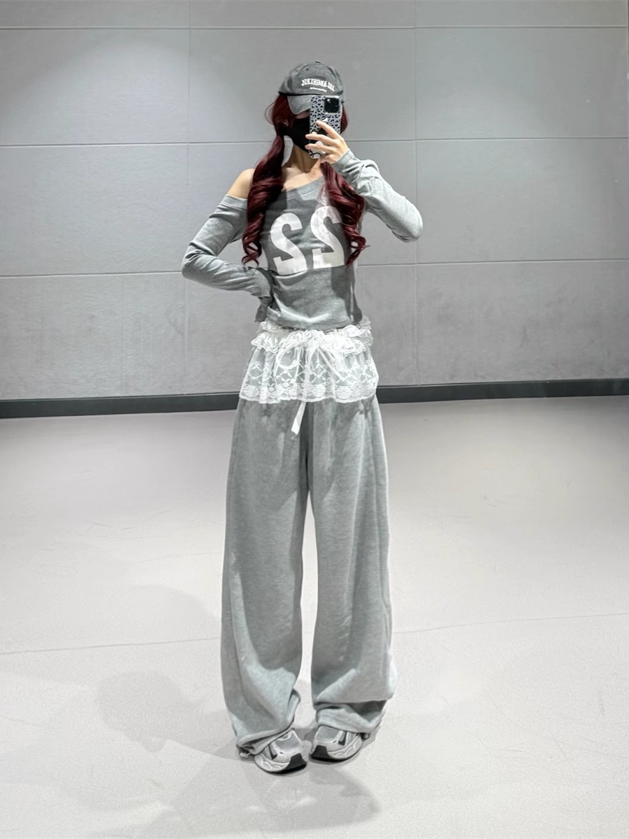 Off-Shoulder Letter Print Top with Slanted Shoulder and Lace Detail + Gray Jazz Dance Long Pants for Women Off-Shoulder Letter Print Top with Slanted Shoulder and Lace Detail + Gray Jazz Dance Long Pants for Women