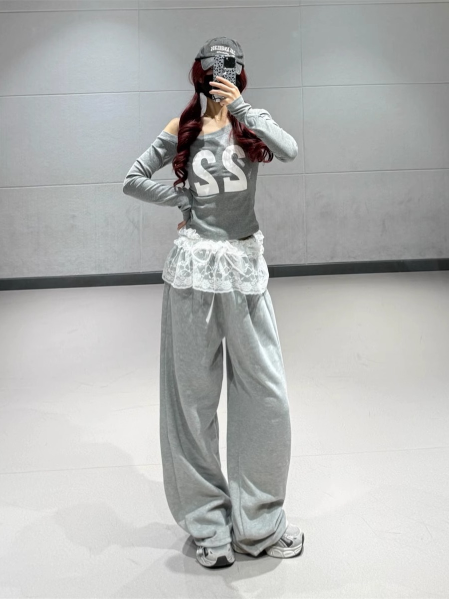 Off-Shoulder Letter Print Top with Slanted Shoulder and Lace Detail + Gray Jazz Dance Long Pants for Women