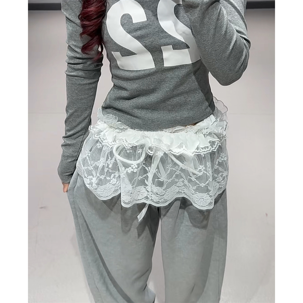 Off-Shoulder Letter Print Top with Slanted Shoulder and Lace Detail + Gray Jazz Dance Long Pants for Women Off-Shoulder Letter Print Top with Slanted Shoulder and Lace Detail + Gray Jazz Dance Long Pants for Women